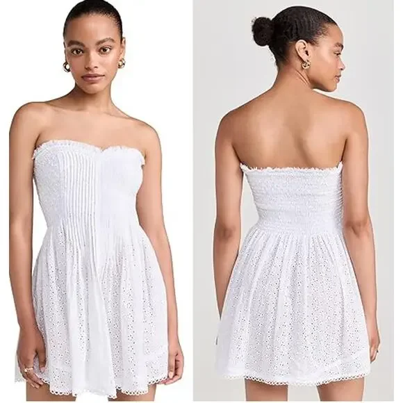 Poupette St Barth Claire Eyelet Bandeau Mini Dress Optic White Women's Size S - Picture 2 of 6
